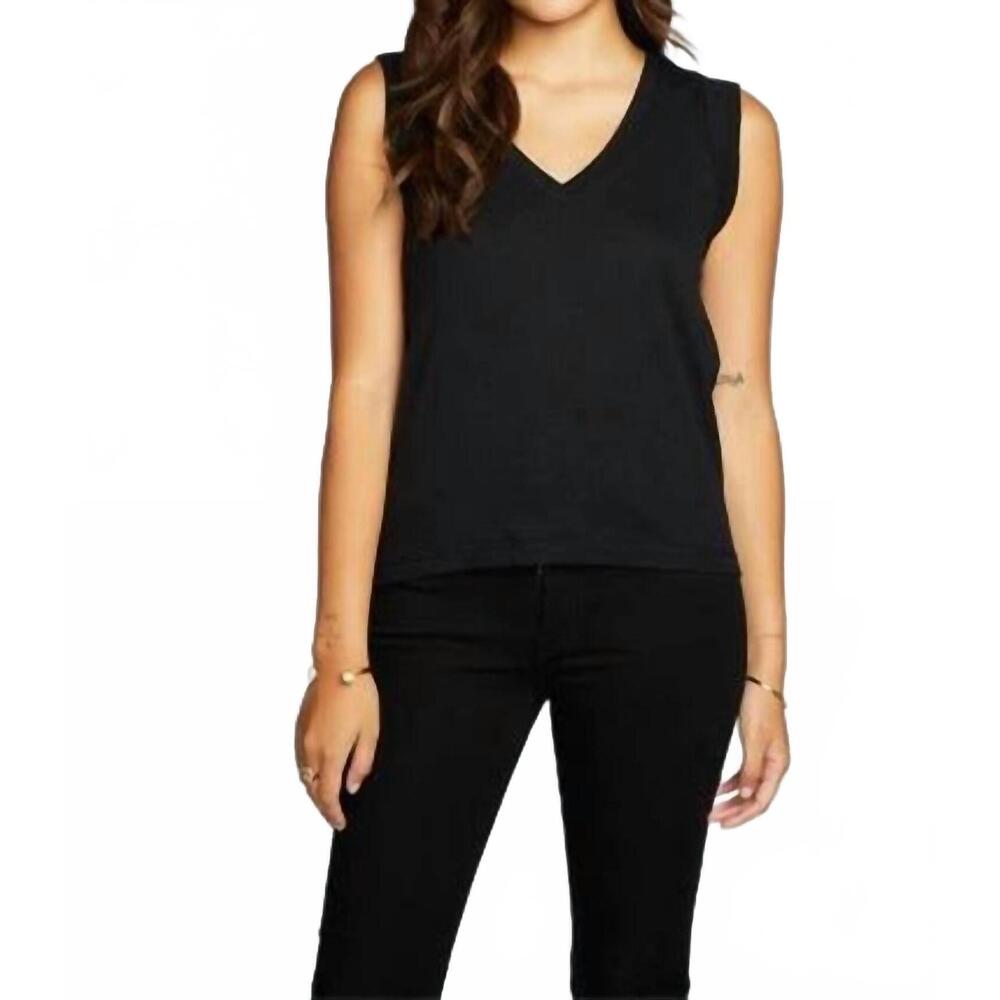 NEW CHASER gauze jersey rolled armhole v-neck muscle tee in union black
